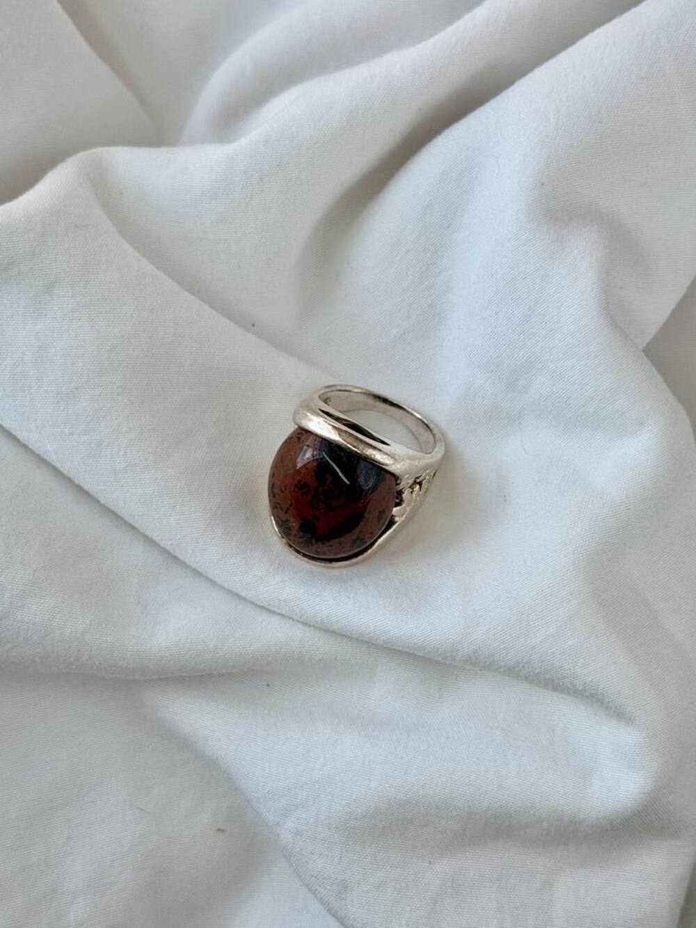 Big Oval Detailed Side Ring - Silver Plated - Polychrome Jasper - Ring Size 7